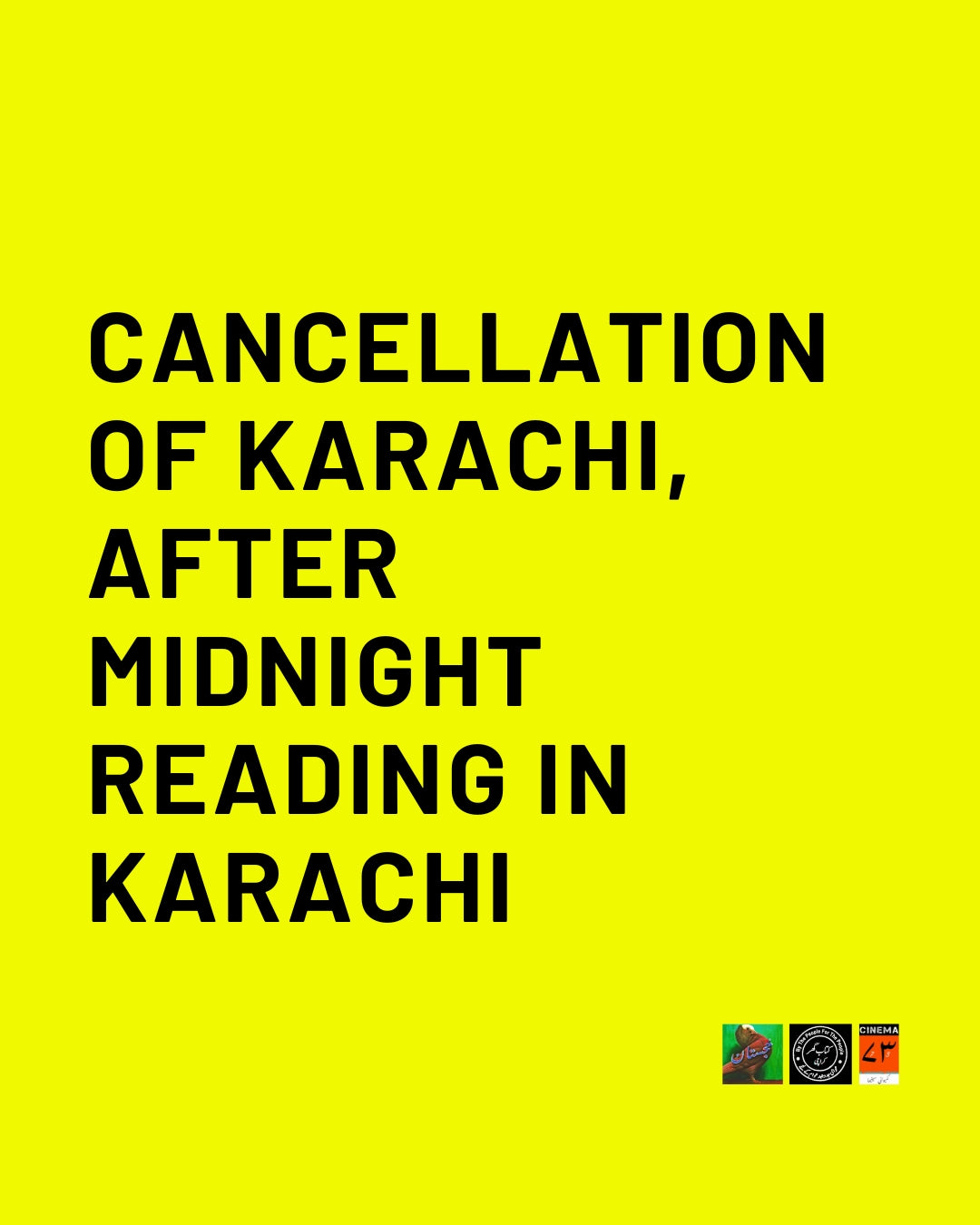 Yellow graphic with bold black text announcing cancellation of Karachi after midnight reading event, Khajistan branding at bottom.