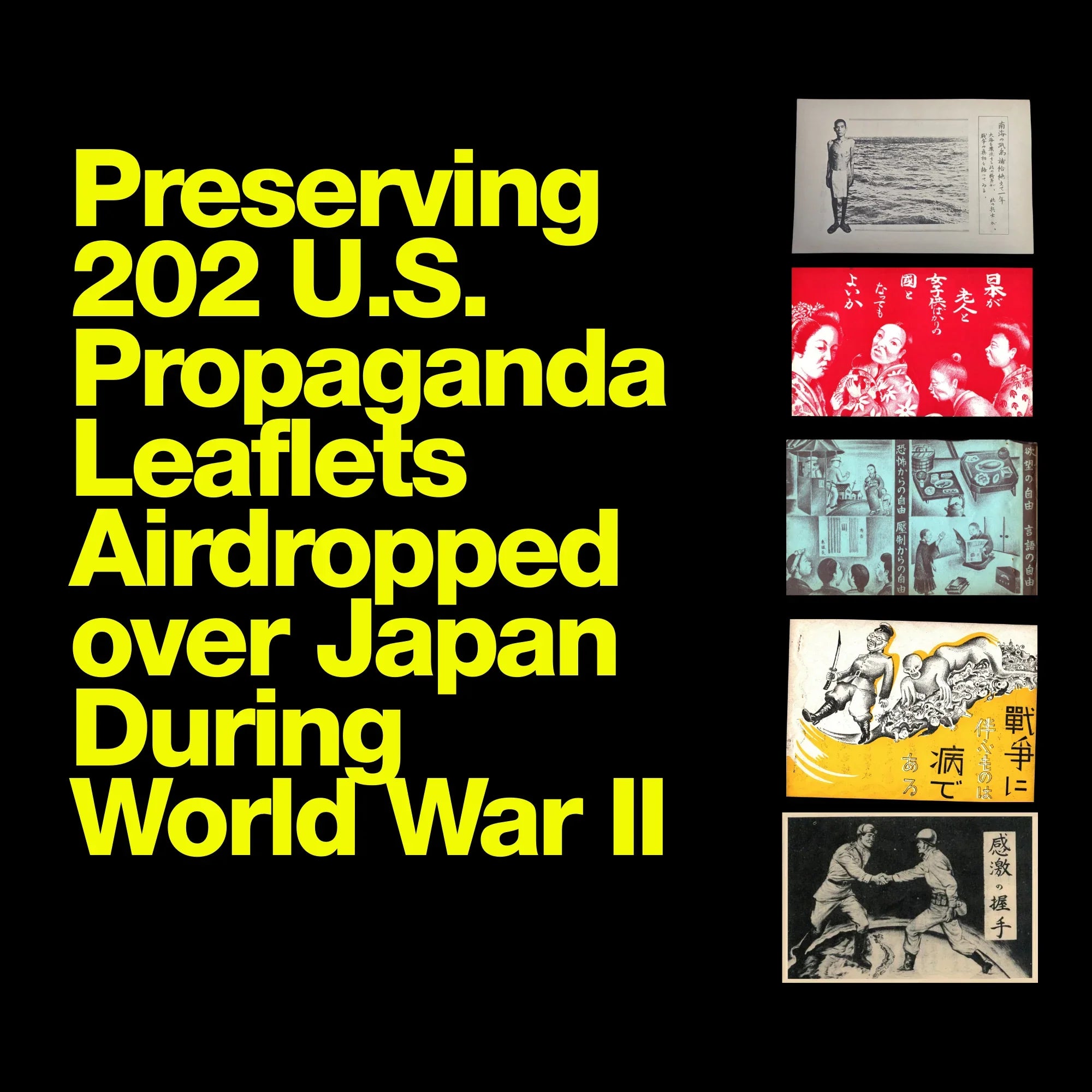 Collage of preserved U.S. WWII propaganda leaflets over Japan with bold yellow title text, Khajistan archival theme.