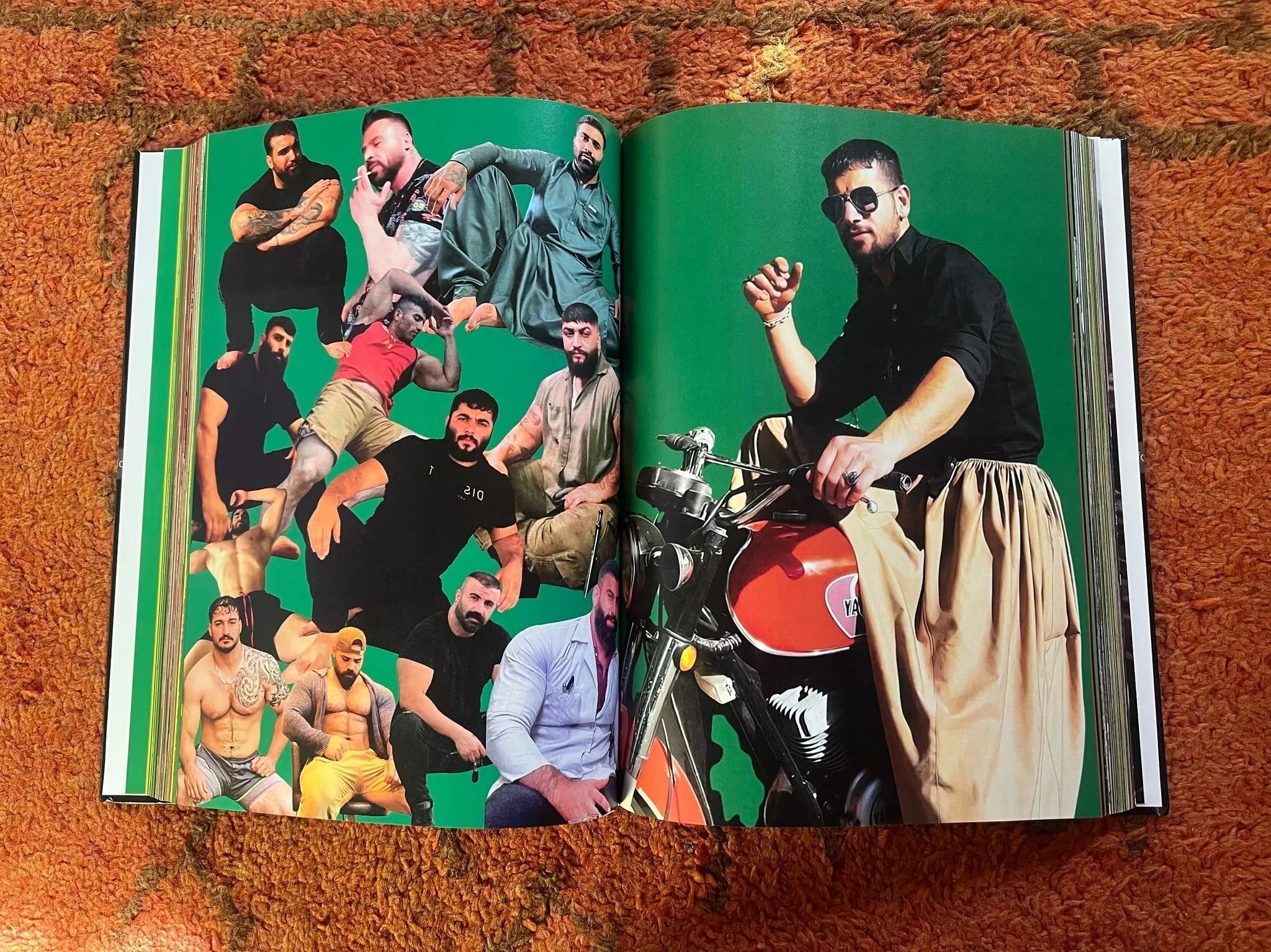 Khajistan photobook page showing collage of men in diverse poses, one on a classic motorcycle