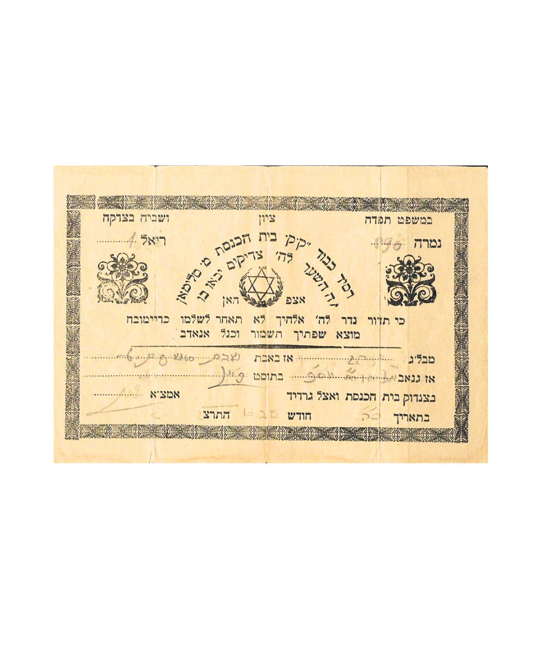 Huit reçus originaux de dons pour la synagogue Judaica d'Iran, années 1930–1970