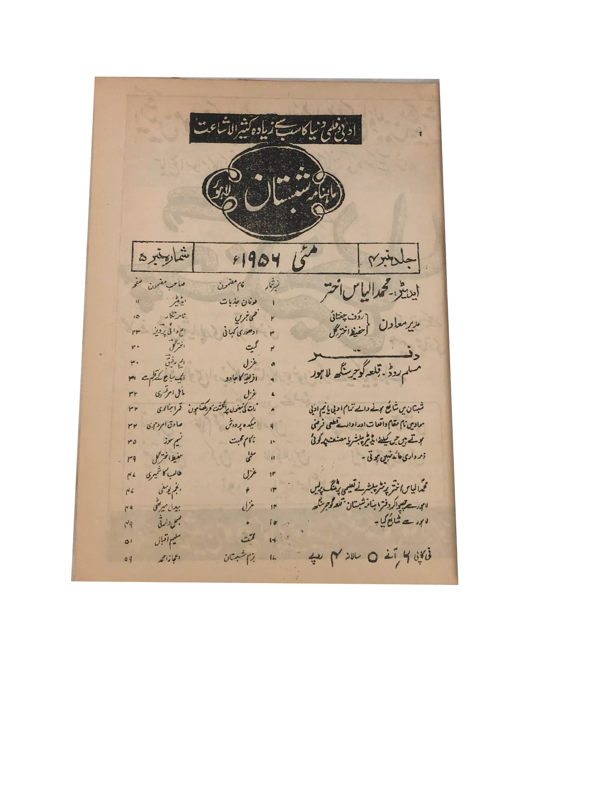 26 Issues of Monthly Shabistan, Lahore (1956-67, Urdu)