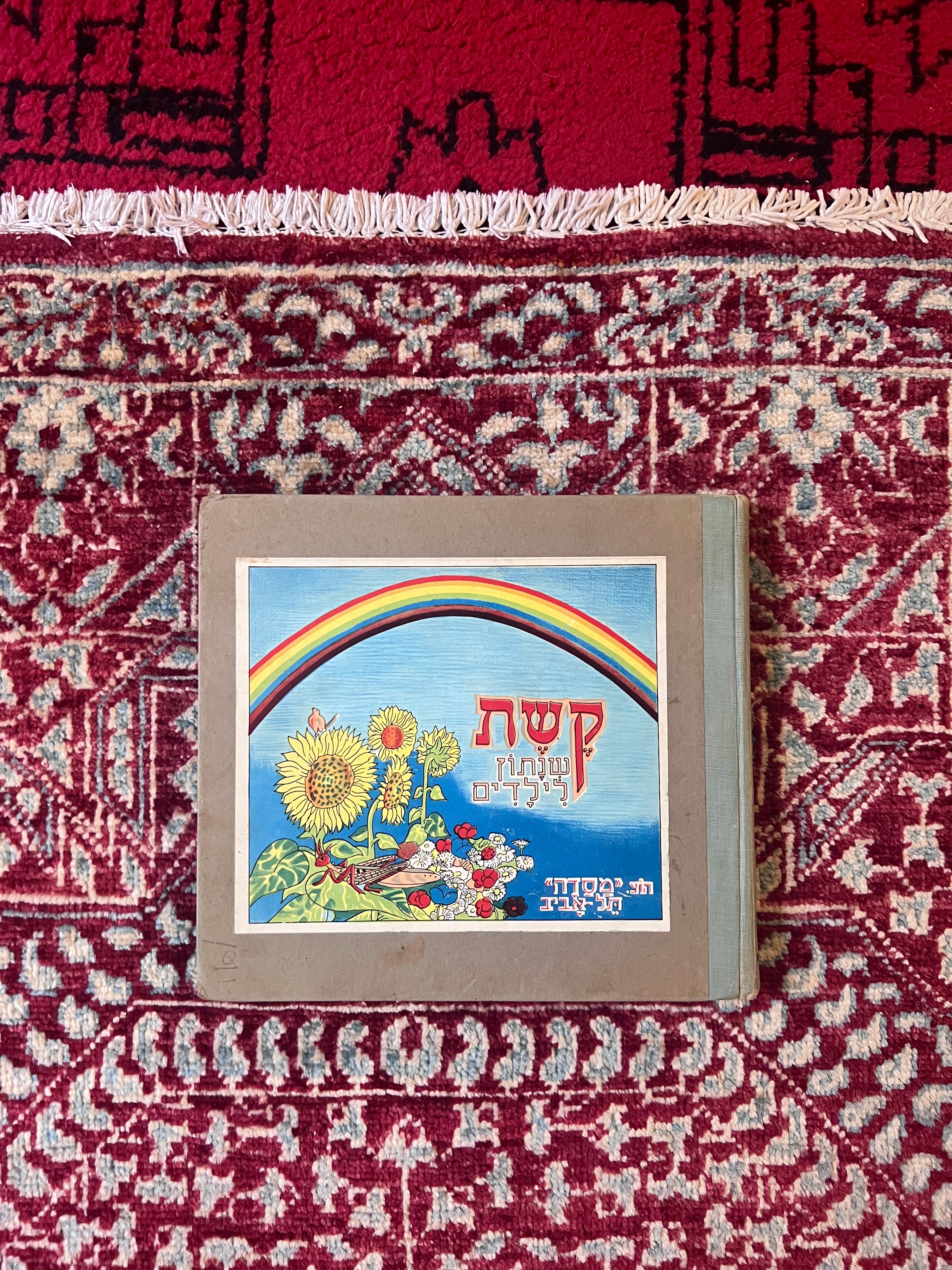 Framed artwork with a rainbow and floral design on a red and white patterned rug.