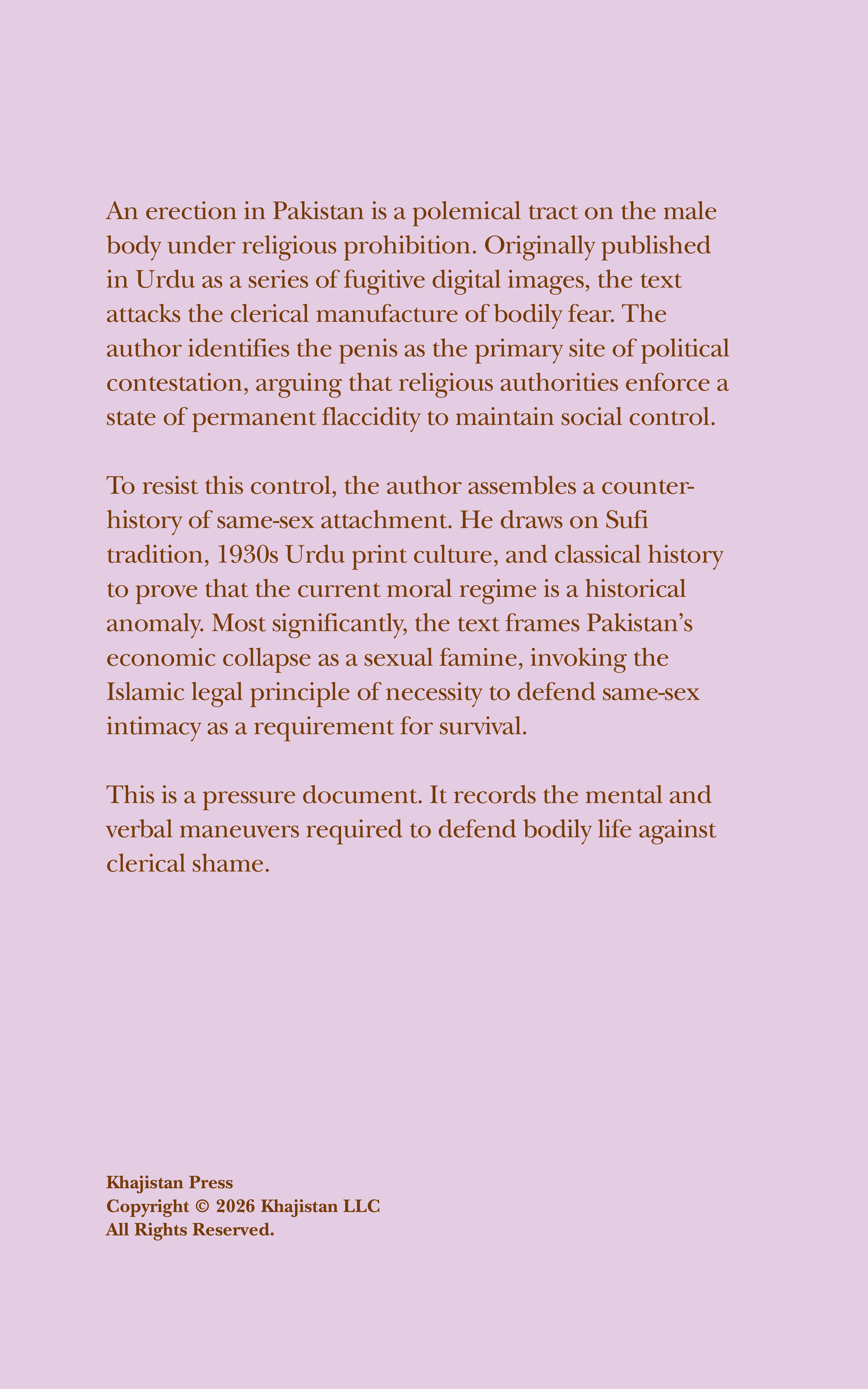 An Erection in Pakistan — original cover, back; Khajistan Press