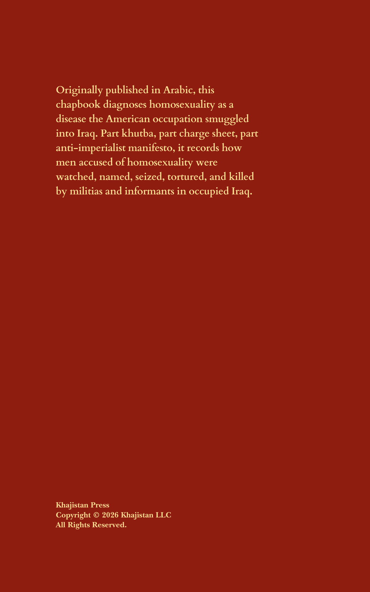 Hunting Homosexuals in Occupied Iraq — original cover, back; Khajistan Press