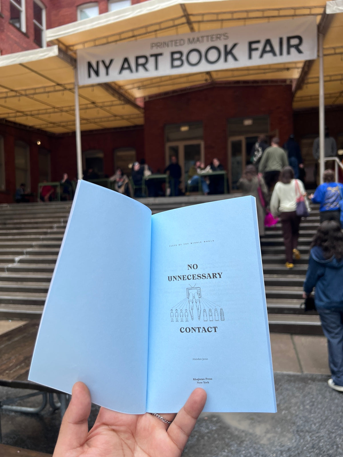 No Unnecessary Contact by Abdollah Javan, Khajistan Press, title page held open at the NY Art Book Fair