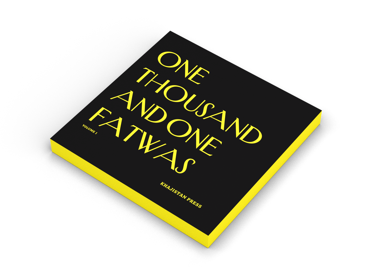 One Thousand and One Fatwas, Vol. 1, paperback mockup with black cover and yellow printed page edges
